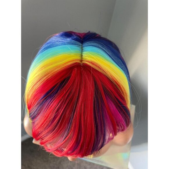 Rainbow Wig Short Wig Bright Colourful Clown Wig with Bangs 10 inch Bob Wig - Picture 7 of 9